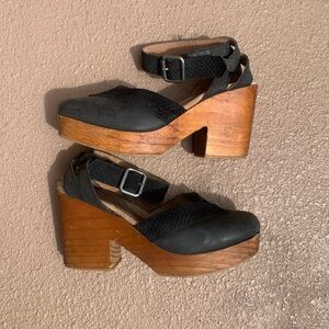 Free People Clogs - Natural Wood and Black Leather Size 40/9.5